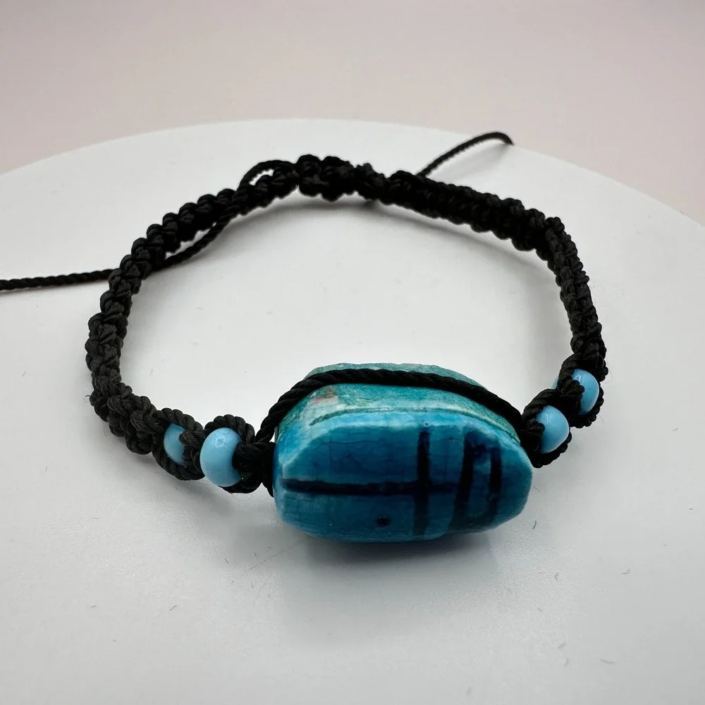 Vintage 90s Egyptian Scarab Bracelet Blue Glass Stone Braided Cord Boho Jewelry